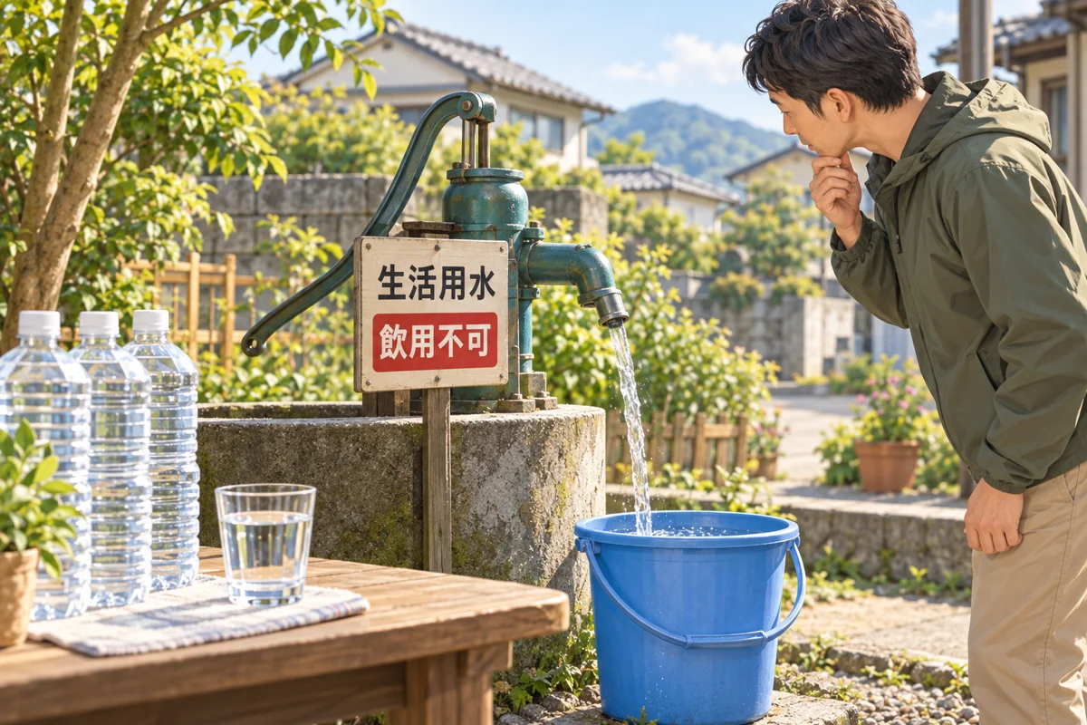生活用水・飲用不可の表示を確認する人と、井戸のバケツ、別に置かれた備蓄飲料水のイラスト